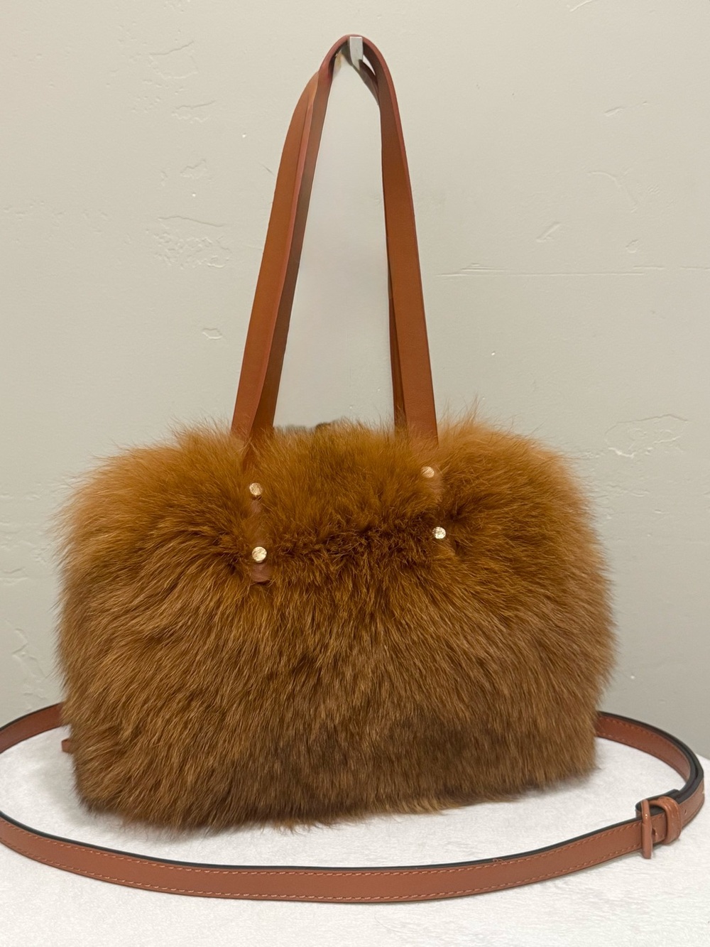 Honey Brown Genuine Fox Fur Handmade Small Tote, Soft Unstructured Crossbody Bag